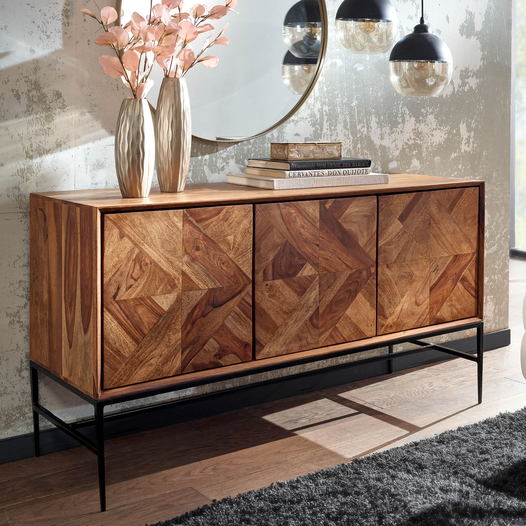 Massivholz Sideboard 120Cm Sheesham Natur Design Kommode Mit 3 Türen Metall  Schwarz for Kommode Wohnzimmer Massivholz Sideboard 120Cm Sheesham Natur Design Kommode Mit 3 Türen Metall  Schwarz For Kommode Wohnzimmer