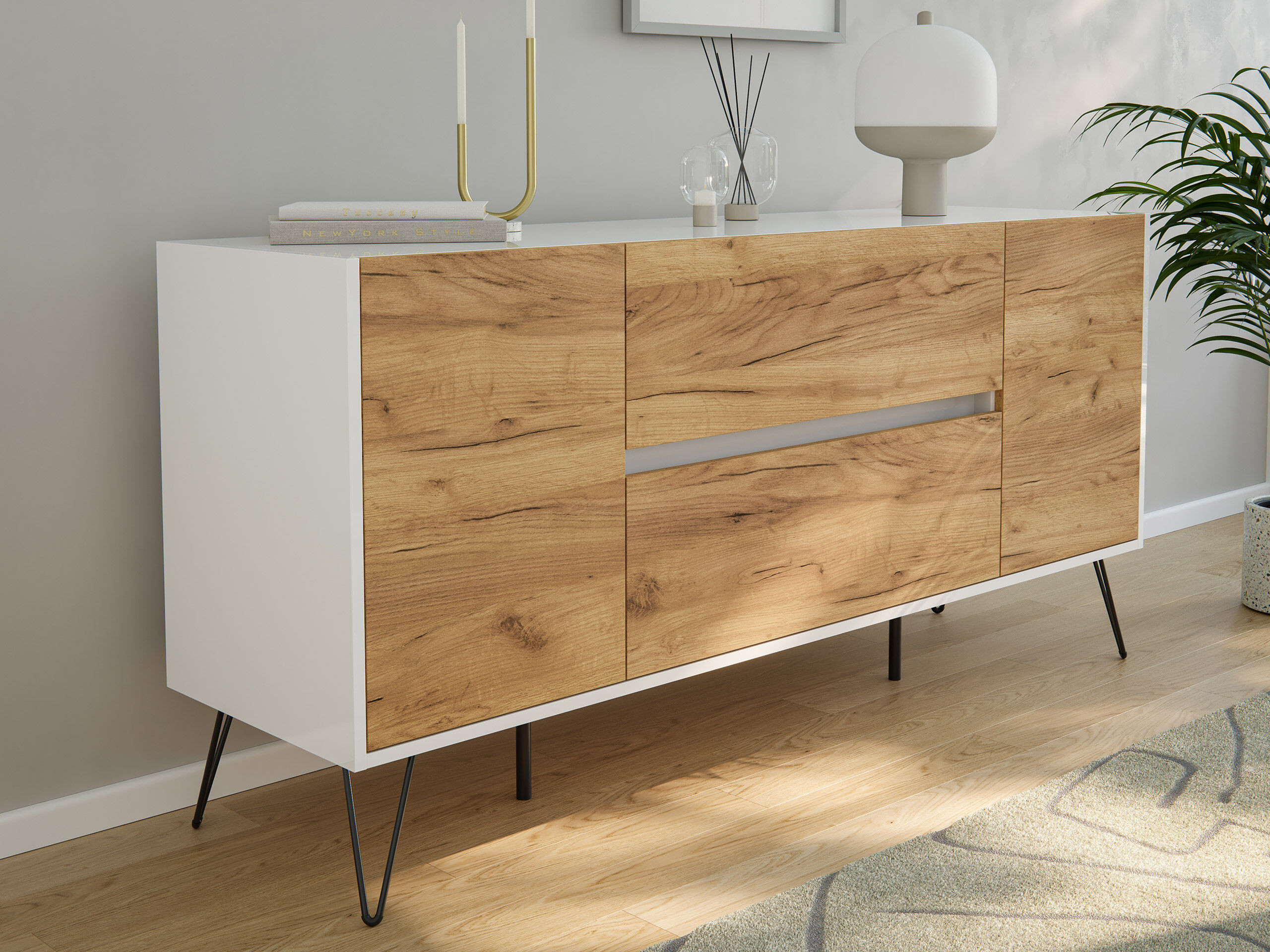 Raumwunder Sideboard Kommode Taran 155Cm 2 Softclose 2 Türen Weiß/Eiche  Front with Sideboard Kommode Raumwunder Sideboard Kommode Taran 155Cm 2 Softclose 2 Türen Weiß/Eiche  Front With Sideboard Kommode