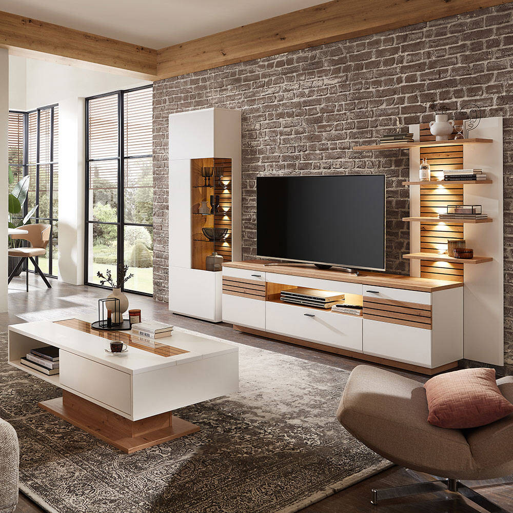Wohnwand 4-Teilig Eiche Weiß Mit Beleuchtung Modern Fallon inside Wohnwand Weiß Mit Holz Wohnwand 4 Teilig Eiche Weiß Mit Beleuchtung Modern Fallon Inside Wohnwand Weiß Mit Holz